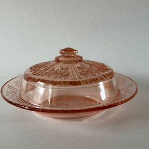 Vintage Federal Glass Sharon Cabbage Rose Pink Depression Glass Butter Dish Set